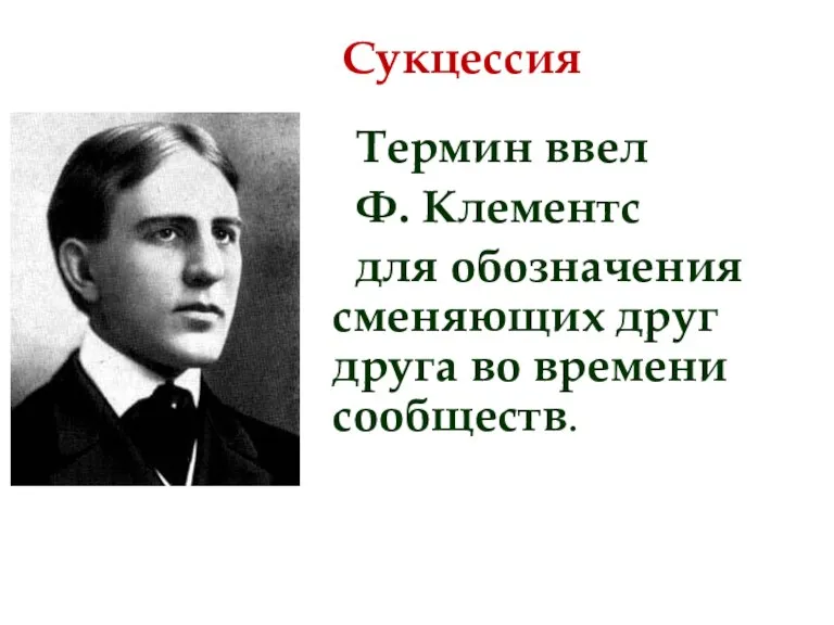 Сукцессия Термин ввел Ф. Клементс для обозначения сменяющих друг друга во времени сообществ.