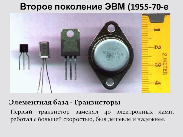 Второе поколение ЭВМ (1955-70-е годы) Элементная база - Транзисторы Первый