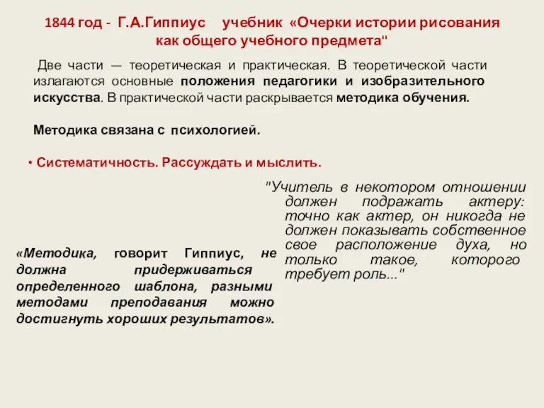 1844 год - Г.А.Гиппиус учебник «Очерки истории рисования как общего учебного предмета" "Учитель