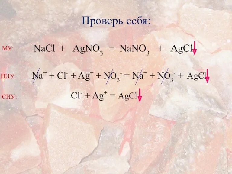 NaCl + AgNO3 = NaNO3 + AgCl Проверь себя: Na+