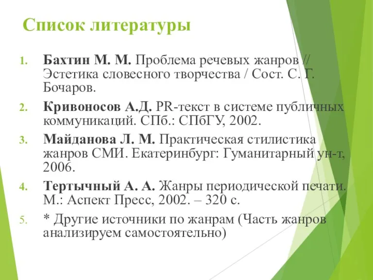 Список литературы Бахтин М. М. Проблема речевых жанров // Эстетика словесного творчества /