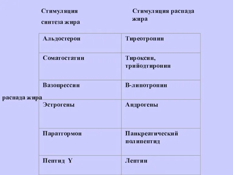 Стимуляция синтеза жира Стимуляция распада жира распада жира