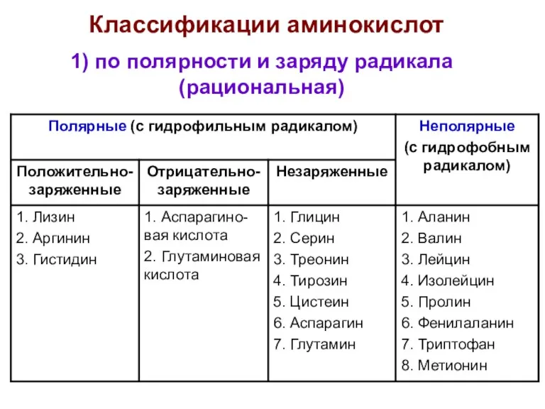 1) по полярности и заряду радикала (рациональная) Классификации аминокислот