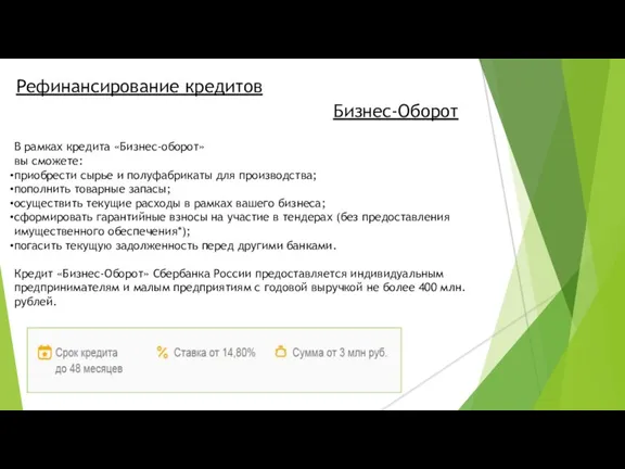 Рефинансирование кредитов Бизнес-Оборот В рамках кредита «Бизнес-оборот» вы сможете: приобрести