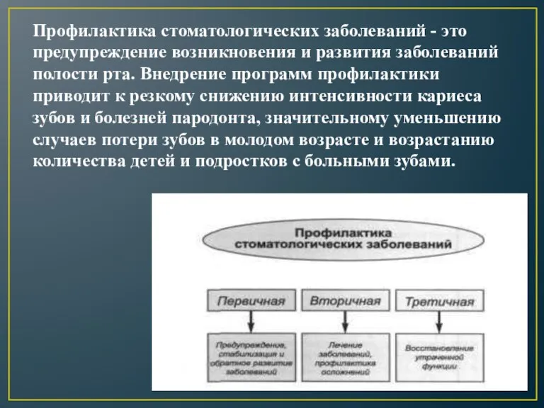 Профилактика стоматологических заболеваний - это предупреждение возникновения и развития заболеваний