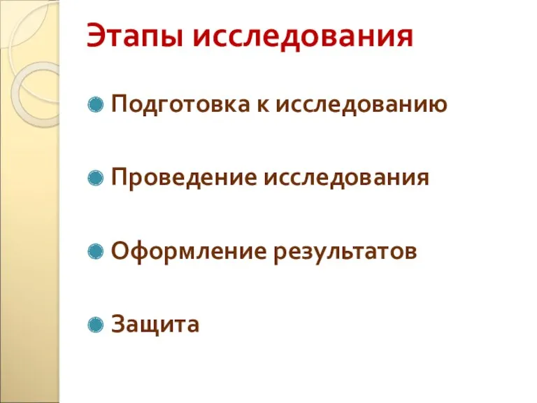 Этапы исследования Подготовка к исследованию Проведение исследования Оформление результатов Защита