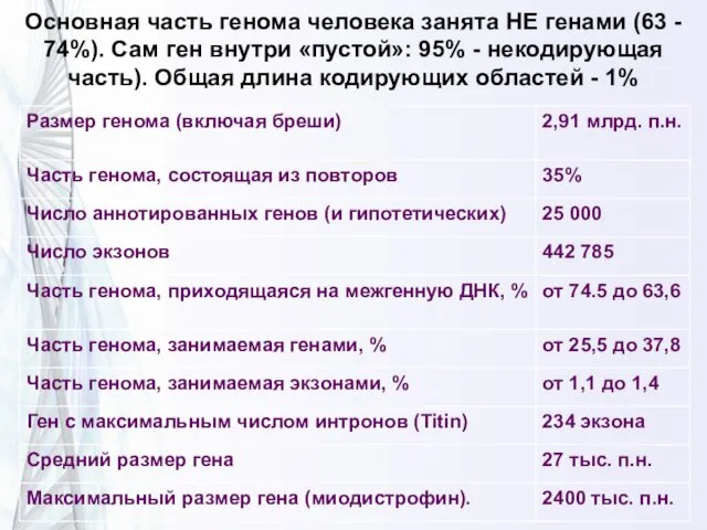 Основная часть генома человека занята НЕ генами (63 - 74%).