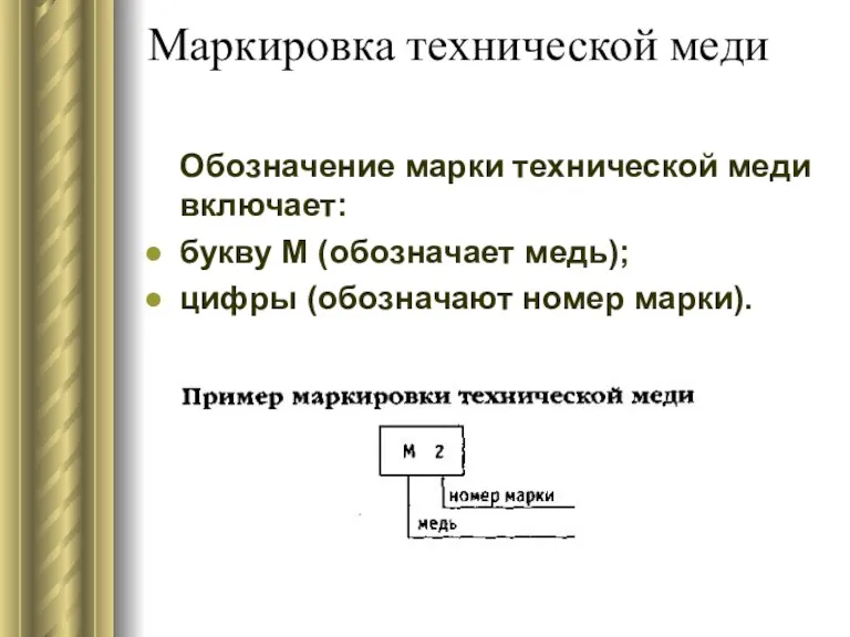 Маркировка технической меди Обозначение марки технической меди включает: букву М (обозначает медь); цифры (обозначают номер марки).