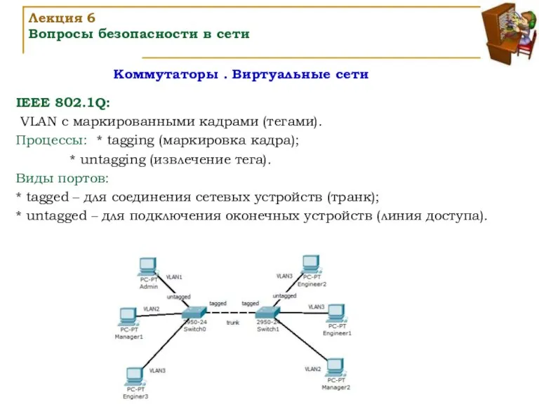 Коммутаторы . Виртуальные сети Лекция 6 Вопросы безопасности в сети IEEE 802.1Q: VLAN