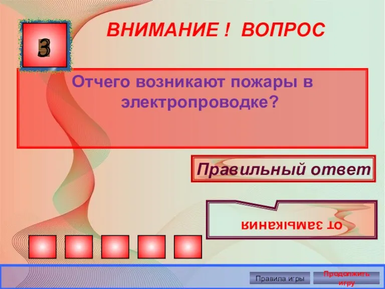 ВНИМАНИЕ ! ВОПРОС Отчего возникают пожары в электропроводке? 3 Правильный