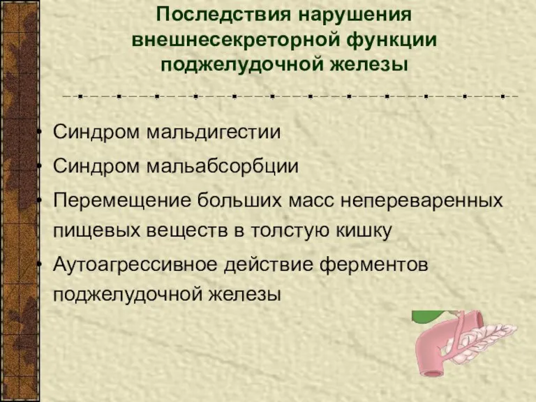 Последствия нарушения внешнесекреторной функции поджелудочной железы Синдром мальдигестии Синдром мальабсорбции