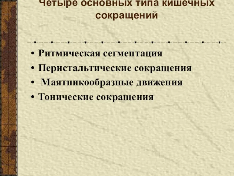 Четыре основных типа кишечных сокращений Ритмическая сегментация Перистальтические сокращения Маятникообразные движения Тонические сокращения