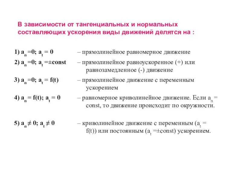 В зависимости от тангенциальных и нормальных составляющих ускорения виды движений делятся на :