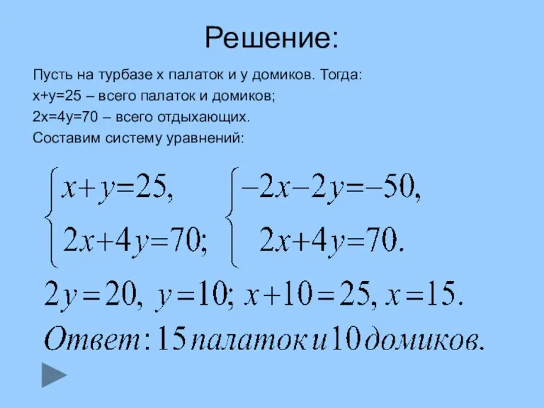 Решение: Пусть на турбазе х палаток и у домиков. Тогда: х+у=25 – всего