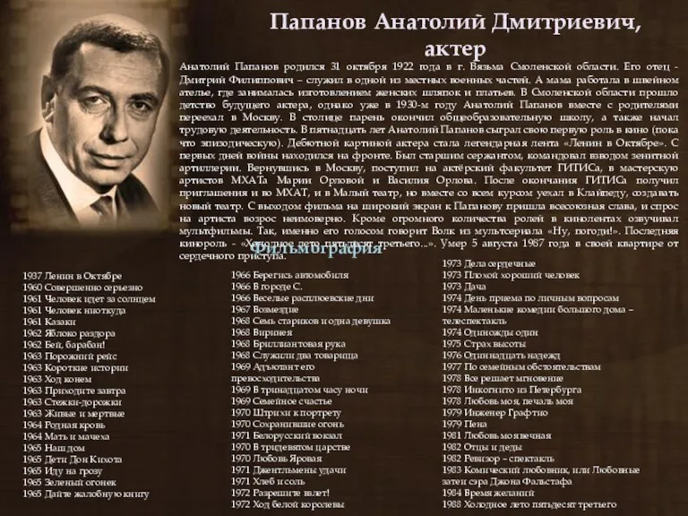 Папанов Анатолий Дмитриевич, актер Фильмография 1937 Ленин в Октябре 1960