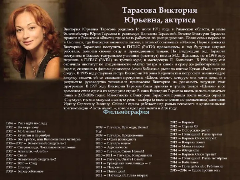 Тарасова Виктория Юрьевна, актриса Виктория Юрьевна Тарасова родилась 16 июля