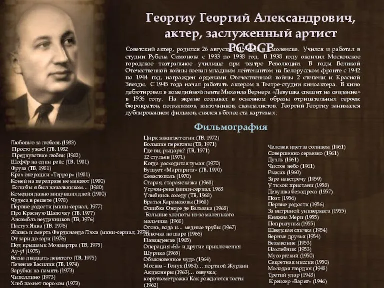 Георгиу Георгий Александрович, актер, заслуженный артист РСФСР Cоветский актер, родился