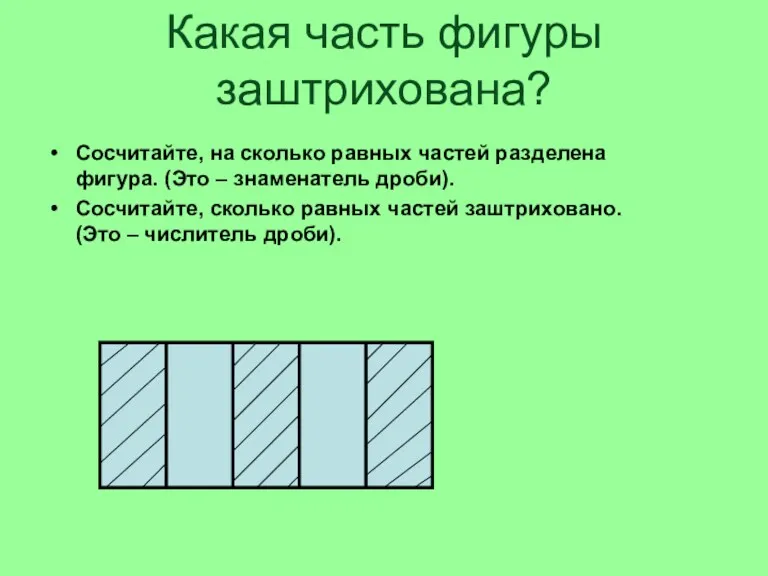 Какая часть фигуры заштрихована? Сосчитайте, на сколько равных частей разделена