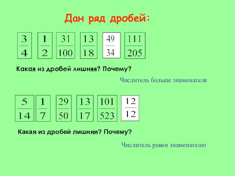 Дан ряд дробей: Какая из дробей лишняя? Почему? Числитель больше