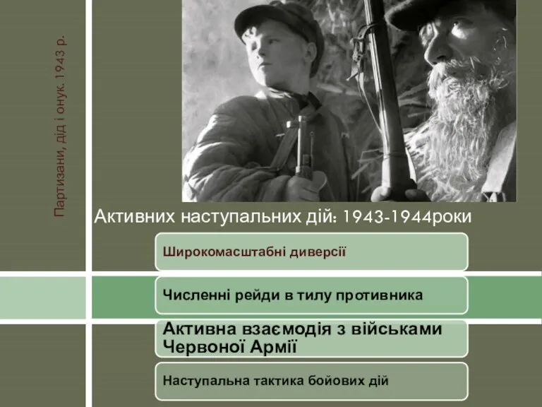 Широкомасштабні диверсії Численні рейди в тилу противника Активна взаємодія з