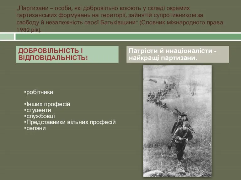 „Партизани – особи, які добровільно воюють у складі окремих партизанських
