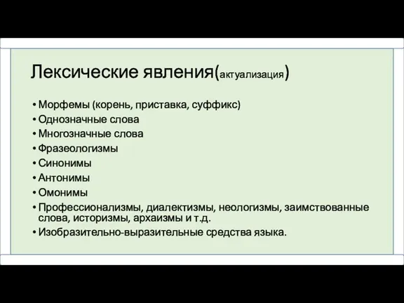 Лексические явления(актуализация) Морфемы (корень, приставка, суффикс) Однозначные слова Многозначные слова