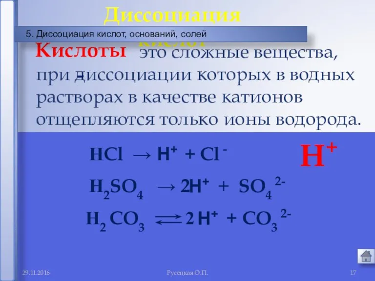 29.11.2016 Русецкая О.П. это сложные вещества, при диссоциации которых в