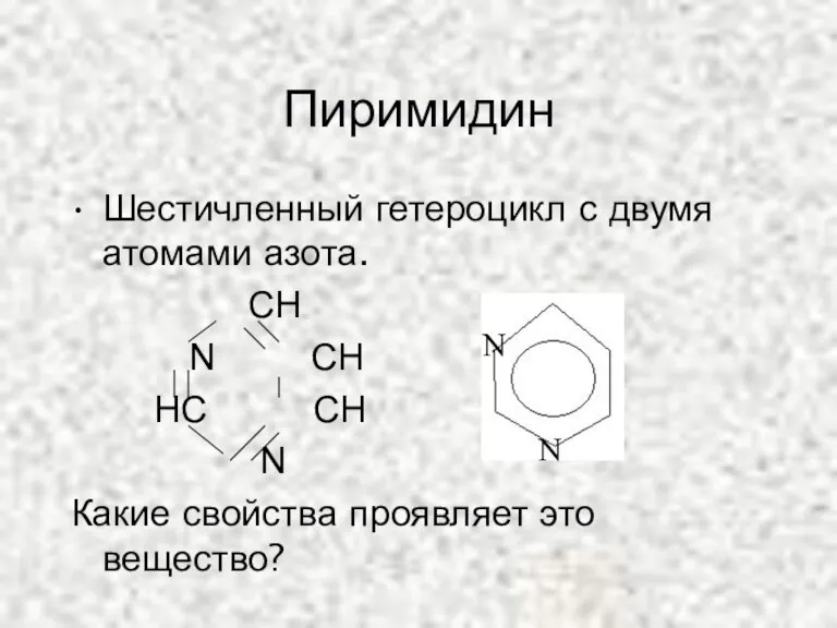 Пиримидин Шестичленный гетероцикл с двумя атомами азота. СН N СН
