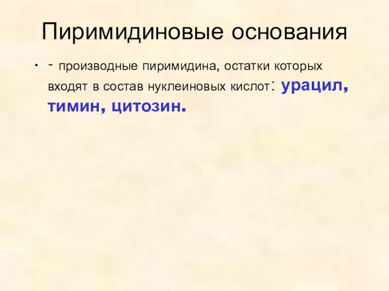 Пиримидиновые основания - производные пиримидина, остатки которых входят в состав нуклеиновых кислот: урацил, тимин, цитозин.