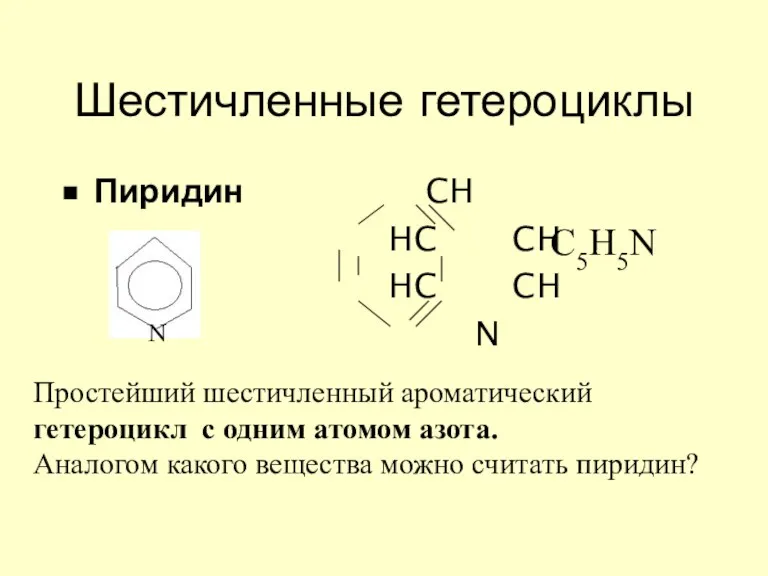 Шестичленные гетероциклы Пиридин CH HC CH HC CH N N