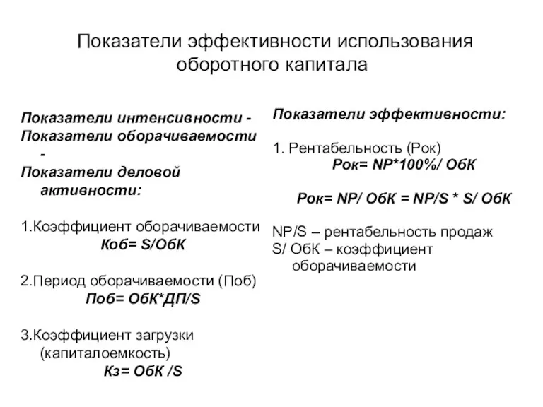 Показатели эффективности использования оборотного капитала Показатели эффективности: 1. Рентабельность (Рок)