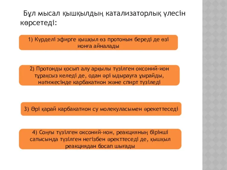 Бұл мысал қышқылдың катализаторлық үлесін көрсетеді: 1) Күрделі эфирге қышқыл