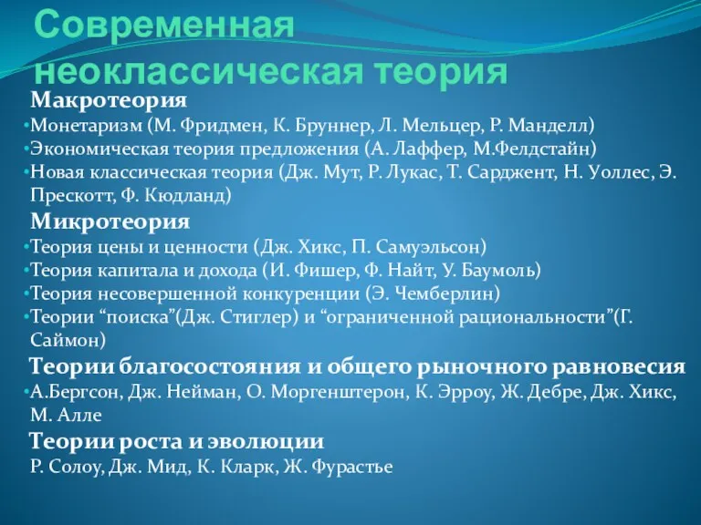 Современная неоклассическая теория Макротеория Монетаризм (М. Фридмен, К. Бруннер, Л.