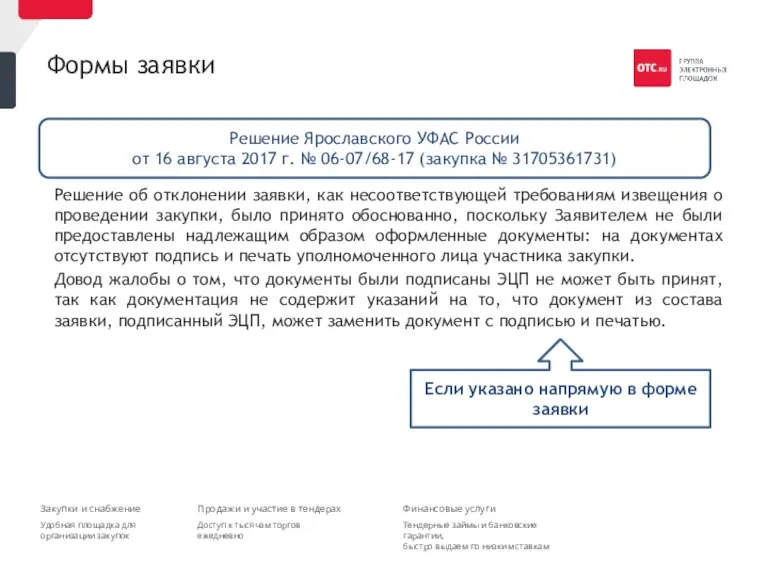 Формы заявки Решение об отклонении заявки, как несоответствующей требованиям извещения