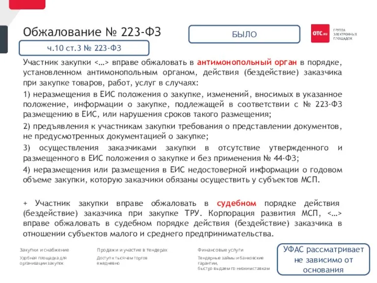 Обжалование № 223-ФЗ Участник закупки вправе обжаловать в антимонопольный орган