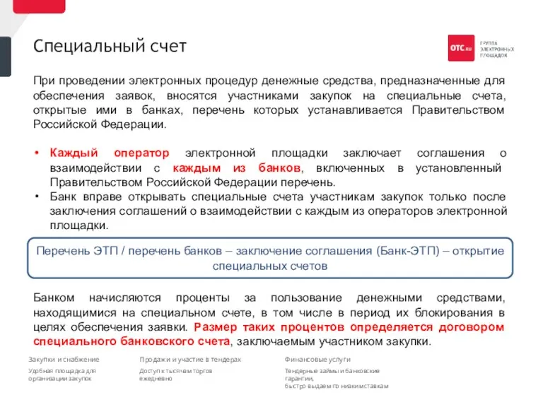 Специальный счет При проведении электронных процедур денежные средства, предназначенные для