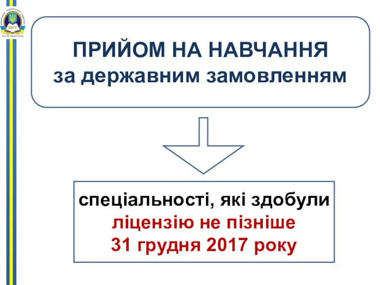 ПРИЙОМ НА НАВЧАННЯ за державним замовленням спеціальності, які здобули ліцензію не пізніше 31 грудня 2017 року