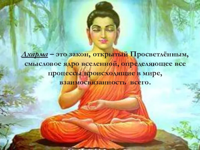 Дхарма – это закон, открытый Просветлённым, смысловое ядро вселенной, определяющее все процессы происходящие
