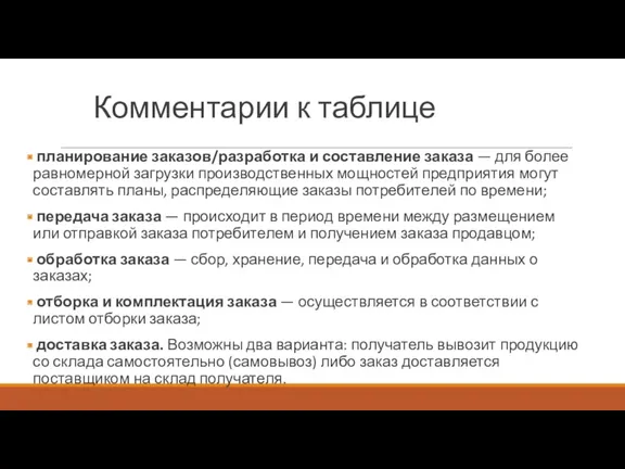 Комментарии к таблице планирование заказов/разработка и составление заказа — для