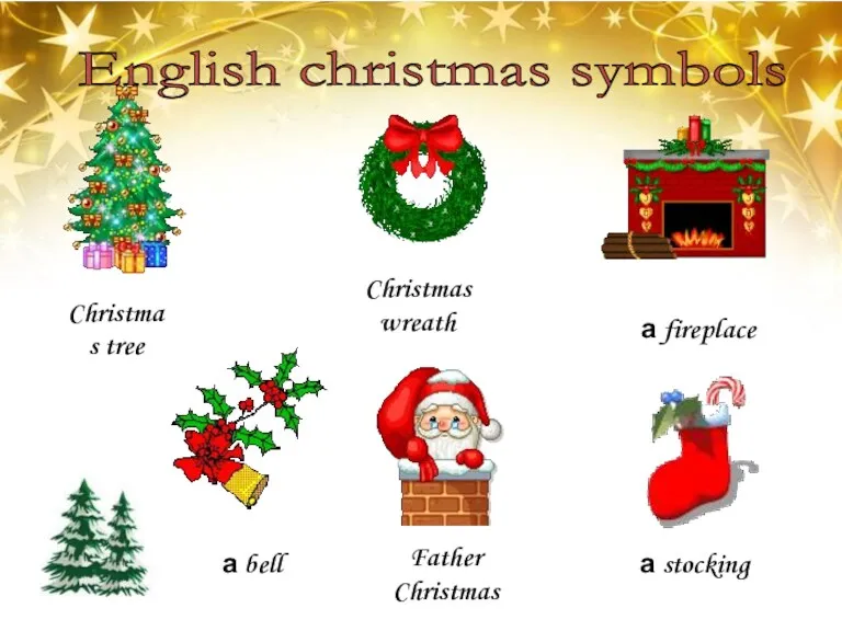 English christmas symbols Father Christmas а stocking а bell а fireplace Christmas wreath Christmas tree