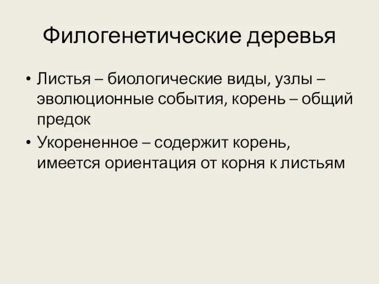 Филогенетические деревья Листья – биологические виды, узлы – эволюционные события,