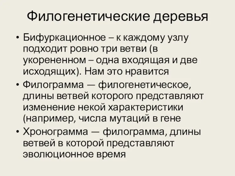 Филогенетические деревья Бифуркационное – к каждому узлу подходит ровно три