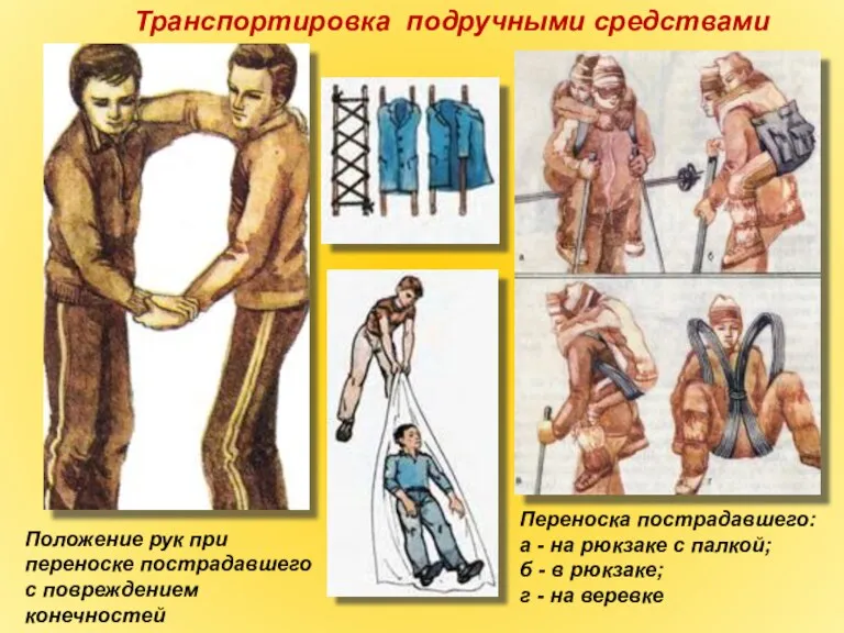 Переноска пострадавшего: а - на рюкзаке с палкой; б -