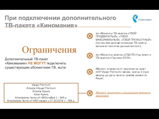 При подключении дополнительного ТВ-пакета «Киномания» Ограничения Дополнительный ТВ-пакет «Киномания» НЕ