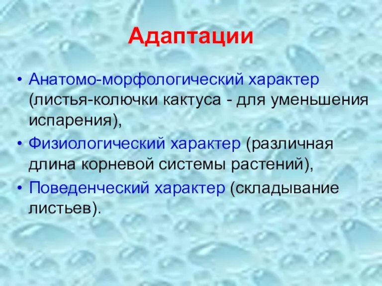 Адаптации Анатомо-морфологический характер (листья-колючки кактуса - для уменьшения испарения), Физиологический