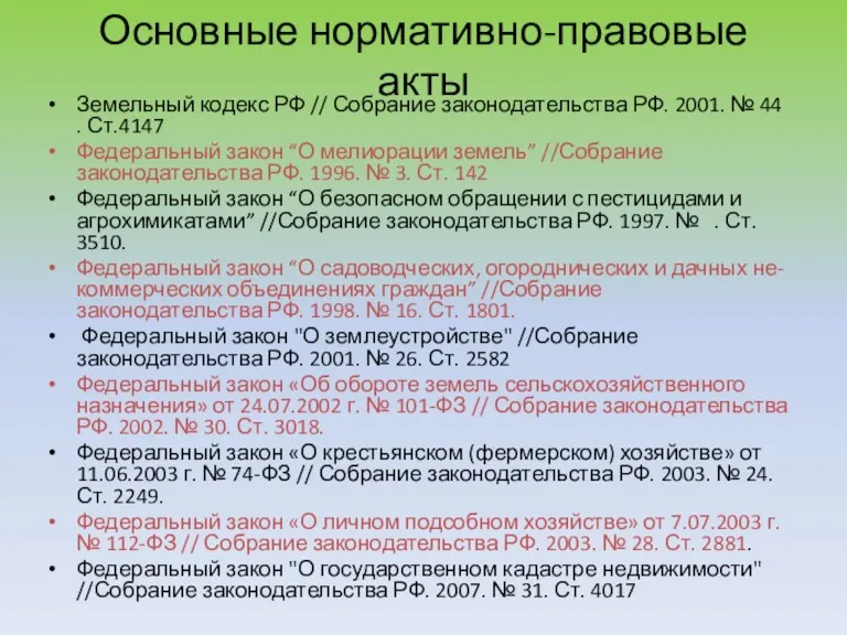 Основные нормативно-правовые акты Земельный кодекс РФ // Собрание законодательства РФ.