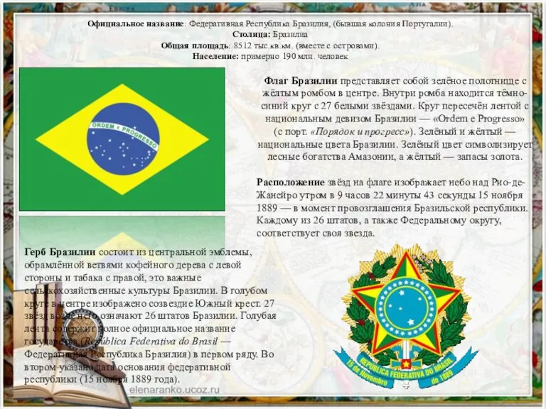 Официальное название: Федеративная Республика Бразилия, (бывшая колония Португалии). Столица: Бразилиа