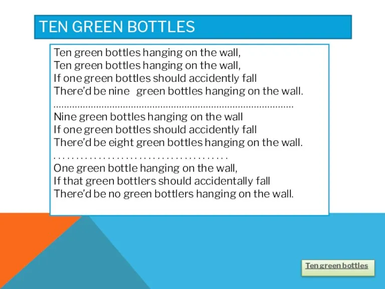 TEN GREEN BOTTLES Ten green bottles Ten green bottles hanging