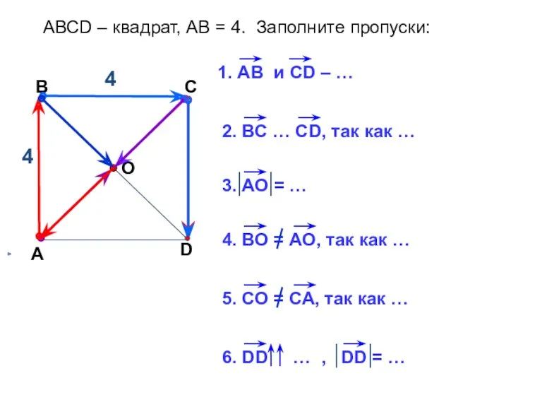 АВСD – квадрат, АВ = 4. Заполните пропуски: 4 4