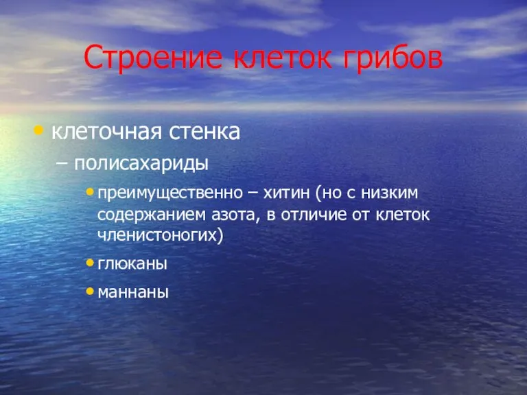 Строение клеток грибов клеточная стенка полисахариды преимущественно – хитин (но с низким содержанием